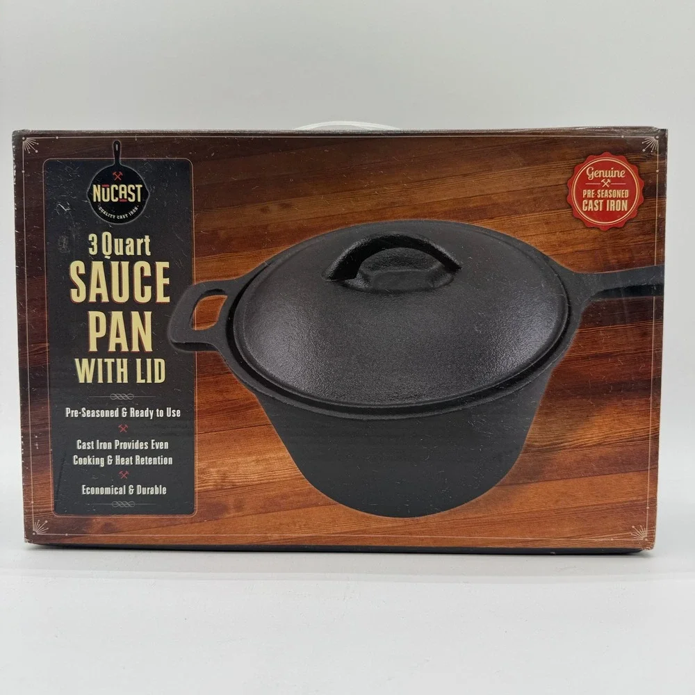 NuCast 3 Quart Cast Iron Sauce Pan With Lid Pre-Seasoned Oven Campfire Cookware